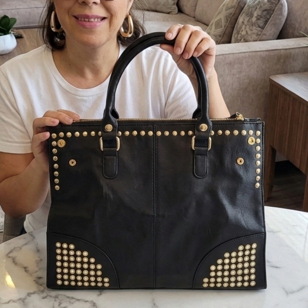 Black Vegan Leather Rivet Satchel Tote Top Handle Shoulder Bag Adjustable Strap